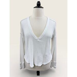 We The Free Deep Oversized V Neck Thermal Tee with Raw Edge & Back Seam, Size L